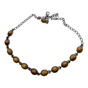 Vintage Brown Cabochon Necklace w/ Gunmetal‎ Chain & Extender